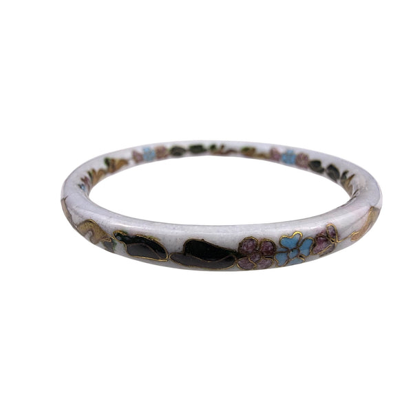 White Cloisonné Enamel Women’s Floral Bangle Bracelet Vintage Handmade Jewelry