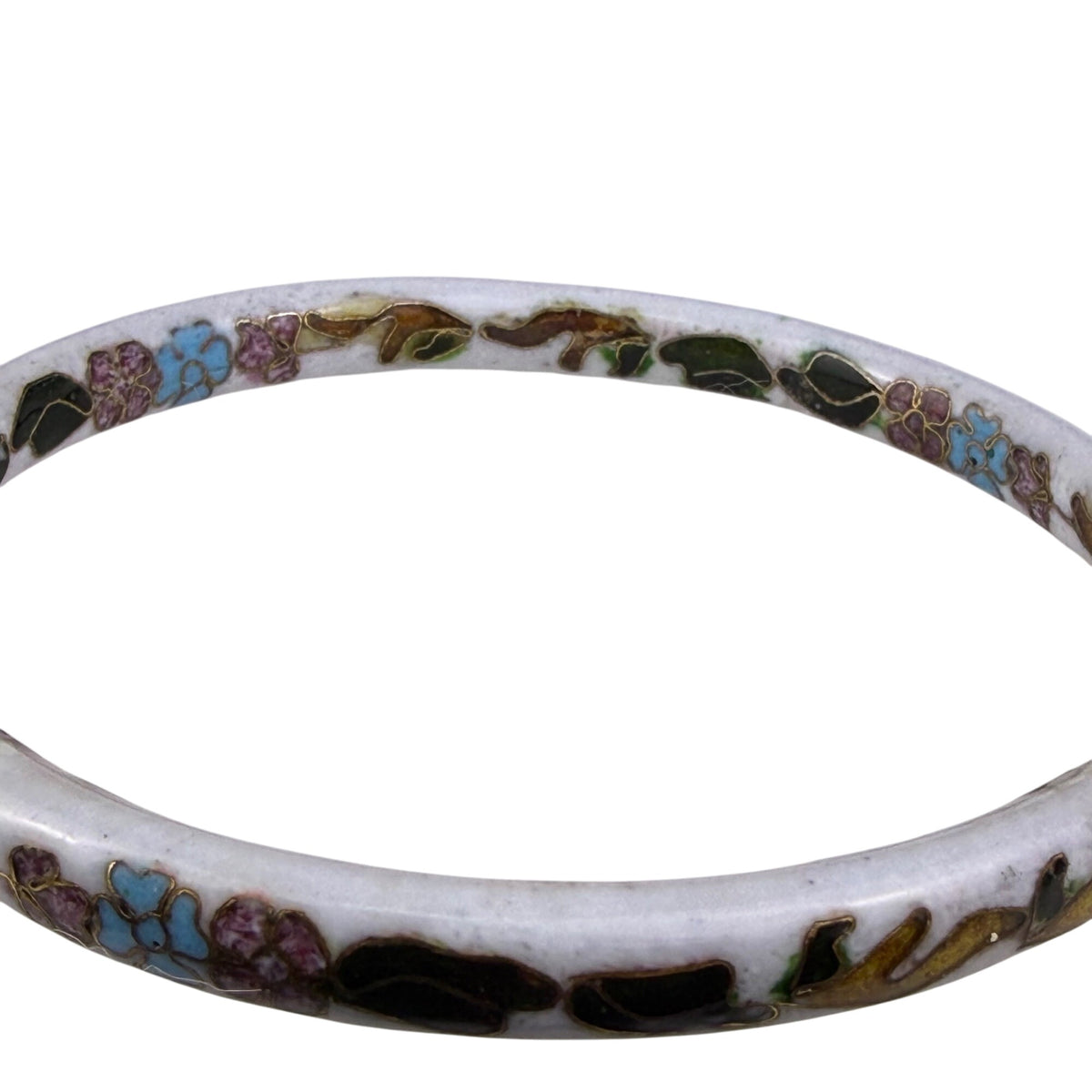 White Cloisonné Enamel Women’s Floral Bangle Bracelet Vintage Handmade Jewelry