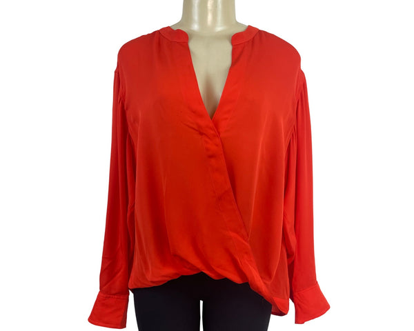 A.L.C Women’s Orange Long Sleeve V-Neck Wrap Silk Blouse Button Cuffs Siz 14