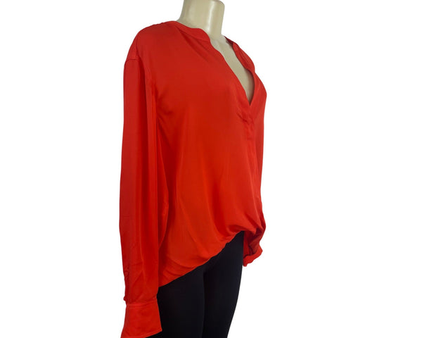 A.L.C Women’s Orange Long Sleeve V-Neck Wrap Silk Blouse Button Cuffs Siz 14