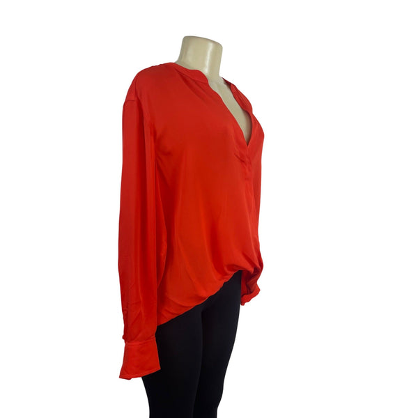 A.L.C Women’s Orange Long Sleeve V-Neck Wrap Silk Blouse Button Cuffs Siz 14