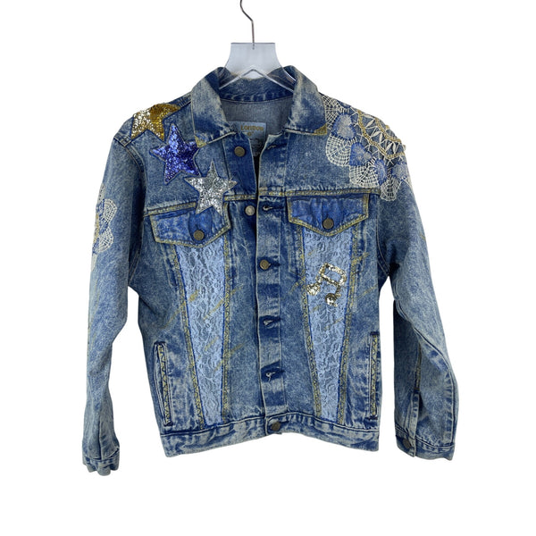 London Fog Womens Blue Denim Star & Cat Lace Embellished Jacket Size L