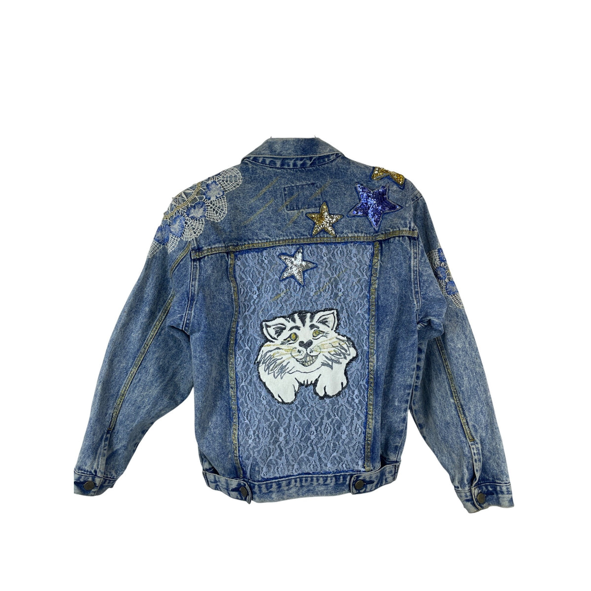 London Fog Womens Blue Denim Star & Cat Lace Embellished Jacket Size L
