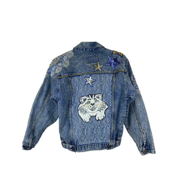 London Fog Womens Blue Denim Star & Cat Lace Embellished Jacket Size L