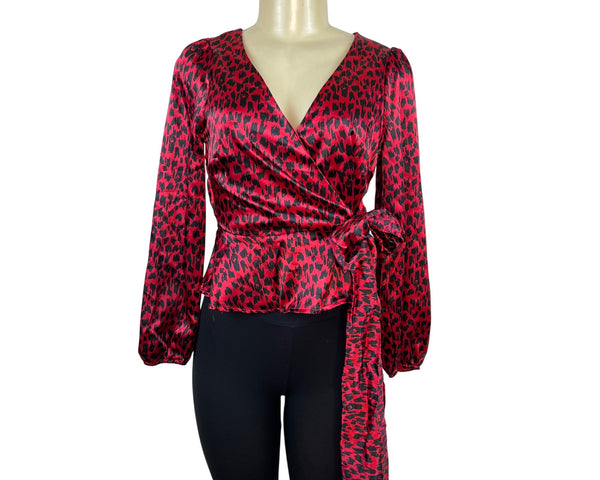 Meraki Womens Red & Black Leopard Print Satin Wrap Blouse Long Puff Sleeves Sz S
