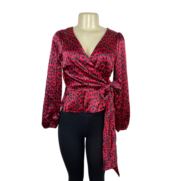 Meraki Womens Red & Black Leopard Print Satin Wrap Blouse Long Puff Sleeves Sz S