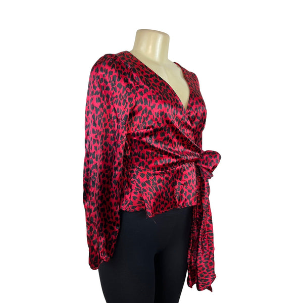 Meraki Womens Red & Black Leopard Print Satin Wrap Blouse Long Puff Sleeves Sz S