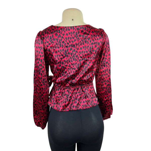 Meraki Womens Red & Black Leopard Print Satin Wrap Blouse Long Puff Sleeves Sz S