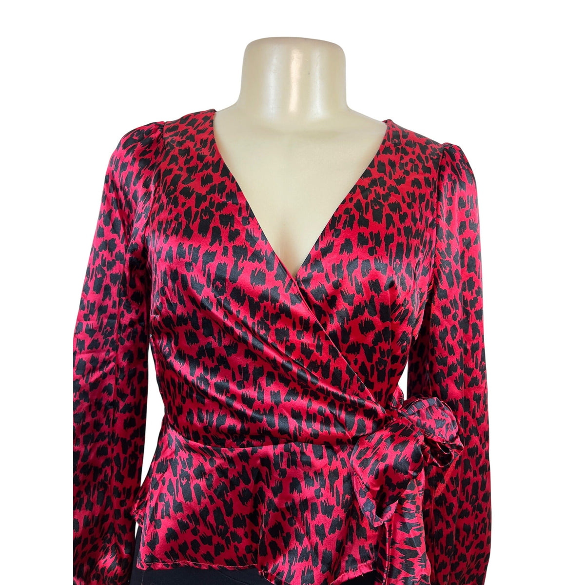 Meraki Womens Red & Black Leopard Print Satin Wrap Blouse Long Puff Sleeves Sz S