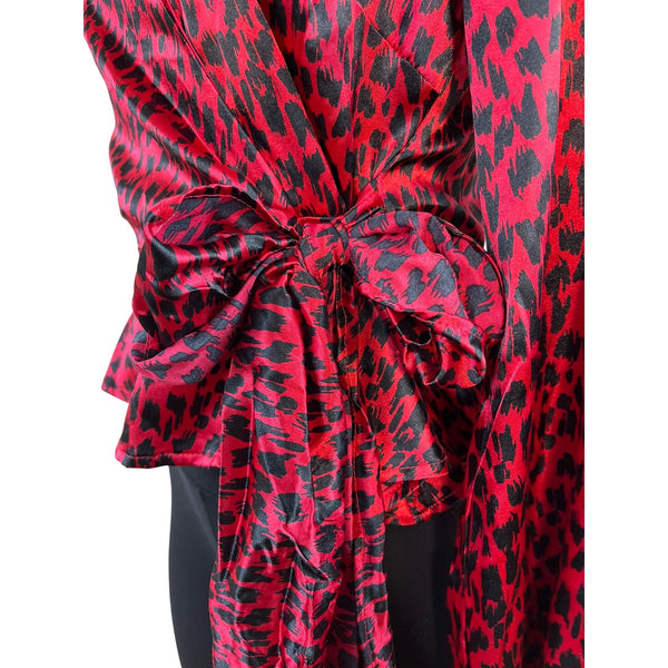 Meraki Womens Red & Black Leopard Print Satin Wrap Blouse Long Puff Sleeves Sz S