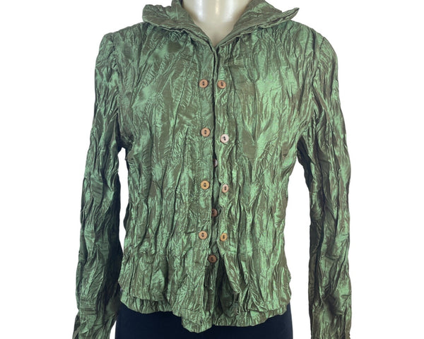 Ki Meng Women’s Green Metallic Crinkle Button-Up Blouse With Poet Sleeves