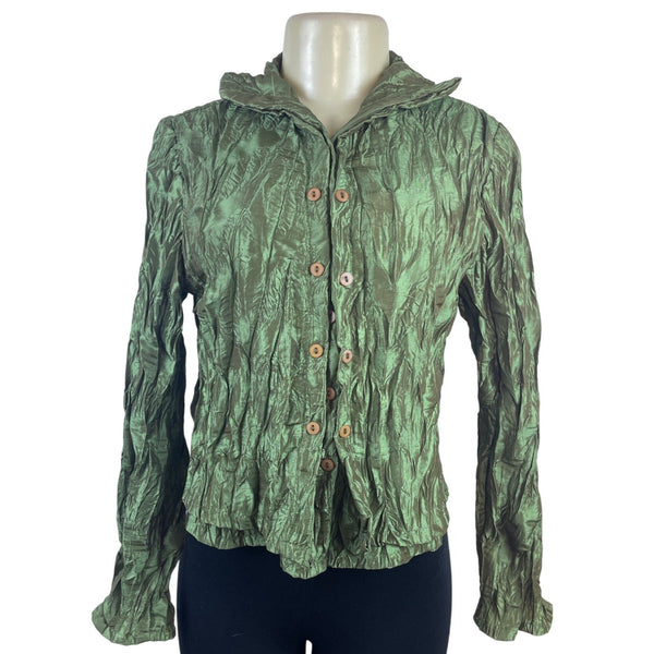 Ki Meng Women’s Green Metallic Crinkle Button-Up Blouse With Poet Sleeves