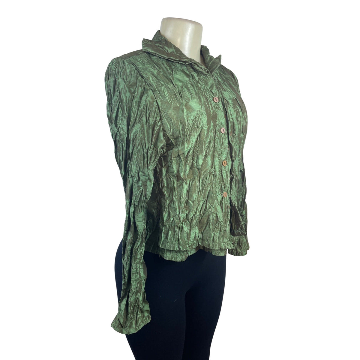 Ki Meng Women’s Green Metallic Crinkle Button-Up Blouse With Poet Sleeves