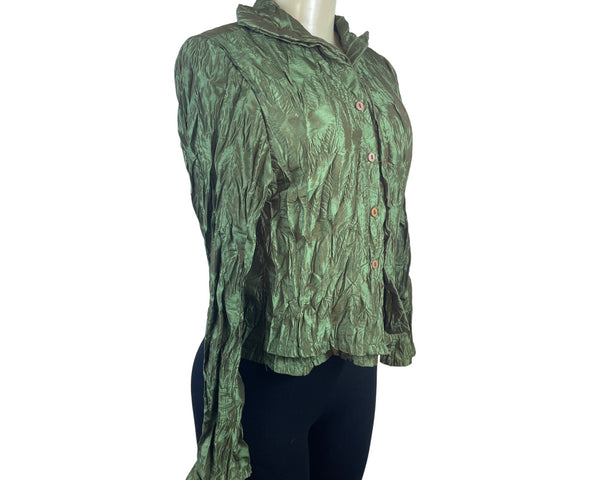 Ki Meng Women’s Green Metallic Crinkle Button-Up Blouse With Poet Sleeves