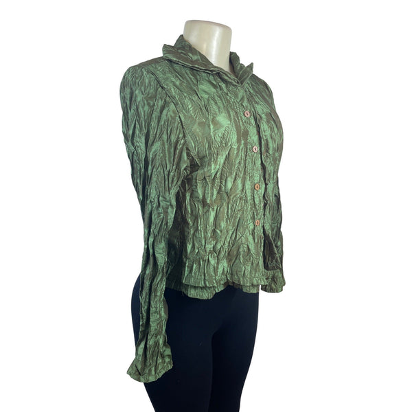 Ki Meng Women’s Green Metallic Crinkle Button-Up Blouse With Poet Sleeves