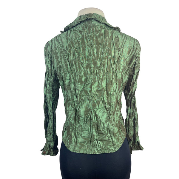 Ki Meng Women’s Green Metallic Crinkle Button-Up Blouse With Poet Sleeves