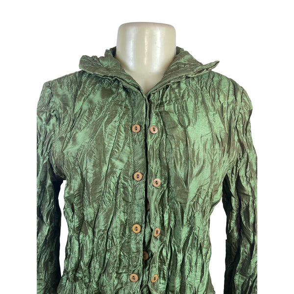 Ki Meng Women’s Green Metallic Crinkle Button-Up Blouse With Poet Sleeves