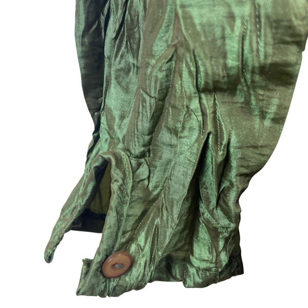 Ki Meng Women’s Green Metallic Crinkle Button-Up Blouse With Poet Sleeves