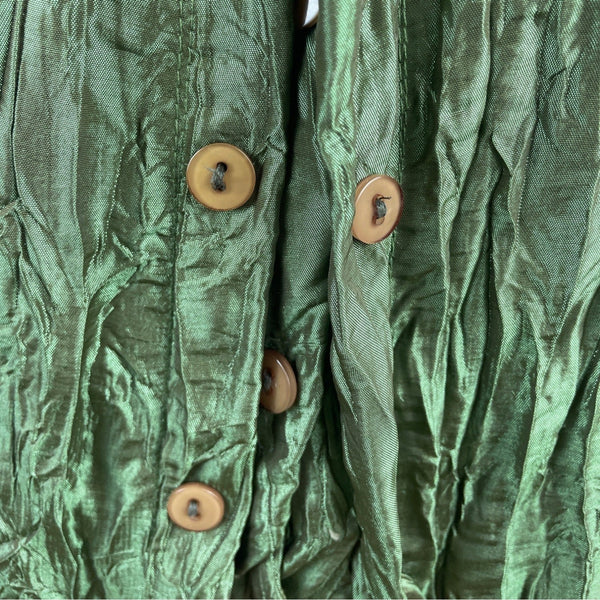 Ki Meng Women’s Green Metallic Crinkle Button-Up Blouse With Poet Sleeves