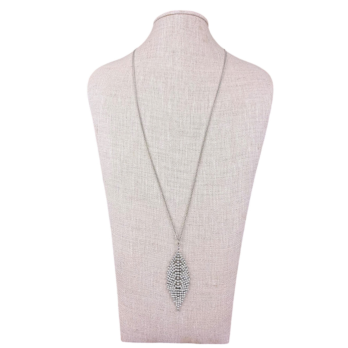 Vintage Silver Tone Rhinestone Pendant Necklace Elegant Mesh Leaf Design Jewelry