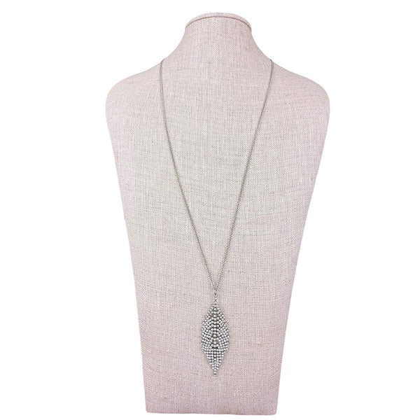 Vintage Silver Tone Rhinestone Pendant Necklace Elegant Mesh Leaf Design Jewelry