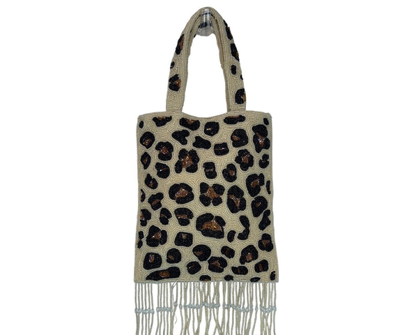 Handcrafted Beaded Leopard Print Double Handles With Fringe Women’s Clutch Sz S