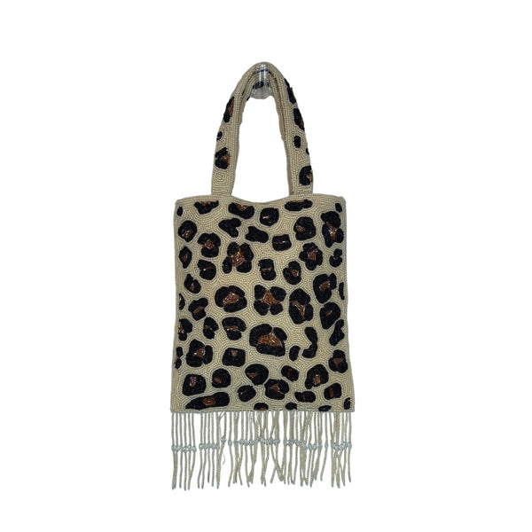 Handcrafted Beaded Leopard Print Double Handles With Fringe Women’s Clutch Sz S