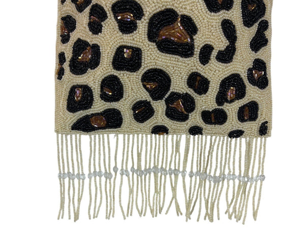 Handcrafted Beaded Leopard Print Double Handles With Fringe Women’s Clutch Sz S