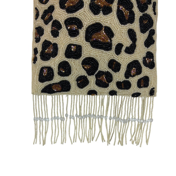 Handcrafted Beaded Leopard Print Double Handles With Fringe Women’s Clutch Sz S