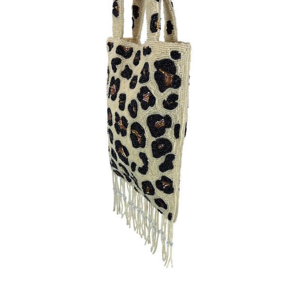 Handcrafted Beaded Leopard Print Double Handles With Fringe Women’s Clutch Sz S