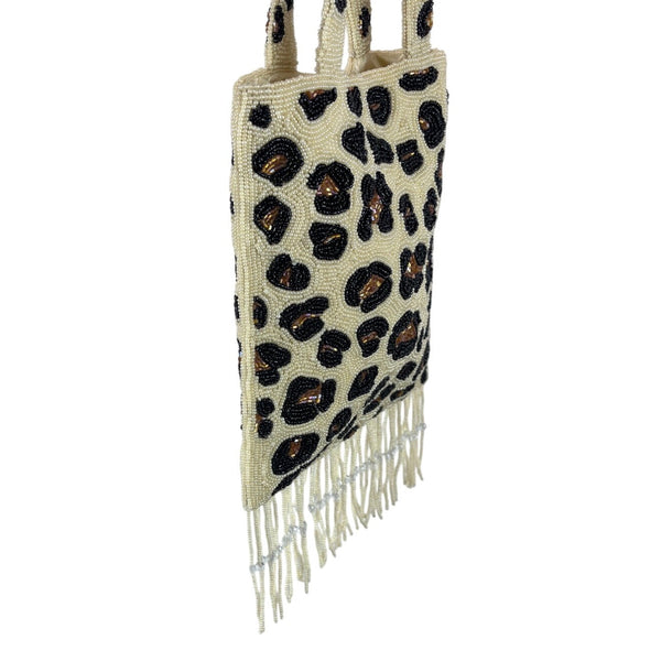 Handcrafted Beaded Leopard Print Double Handles With Fringe Women’s Clutch Sz S