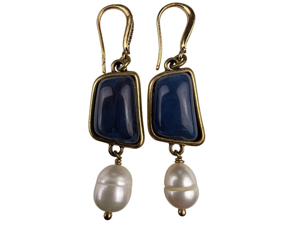 Gold Tone Womens Dangle Earrings With Blue Stones & Simulated Pearls Drop