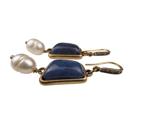 Gold Tone Womens Dangle Earrings With Blue Stones & Simulated Pearls Drop