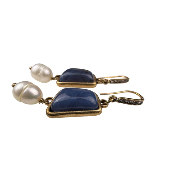 Gold Tone Womens Dangle Earrings With Blue Stones & Simulated Pearls Drop