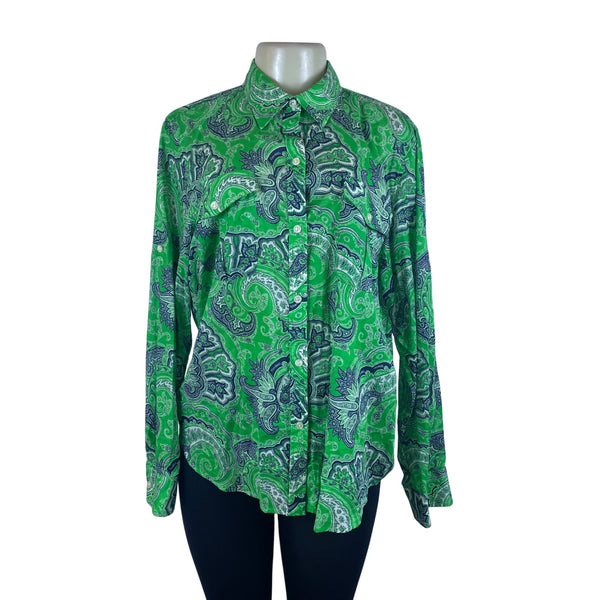 Lauren Jeans Co. Women’s Green/Blue Paisley Print Button-Up Long Sleeve Shirt XL