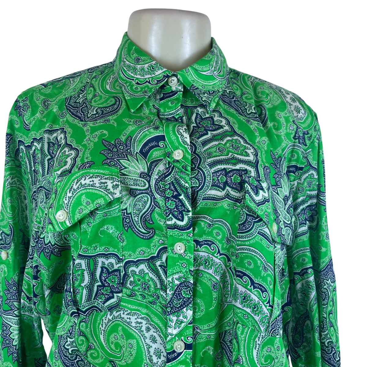 Lauren Jeans Co. Women’s Green/Blue Paisley Print Button-Up Long Sleeve Shirt XL