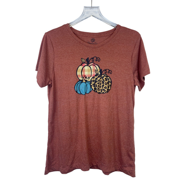 PositiVitees Womens Rust Graphic T-Shirt Pumpkin Plaid & Leopard Print Large (12-14)
