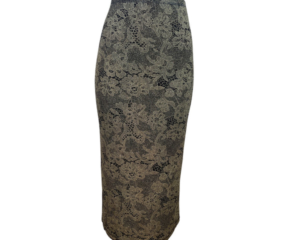 Market By Chicos Womens Gold Lace Floral Midi Skirt Stretchy Elastic Waist Sz 1