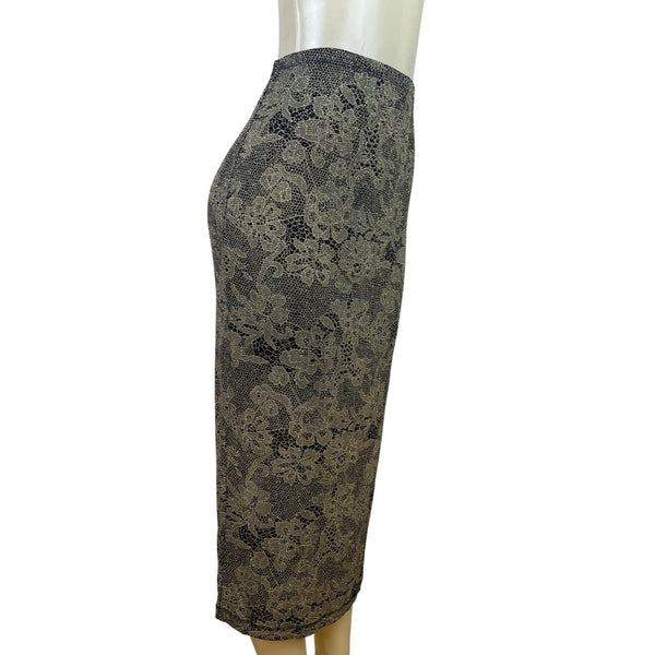 Market By Chicos Womens Gold Lace Floral Midi Skirt Stretchy Elastic Waist Sz 1