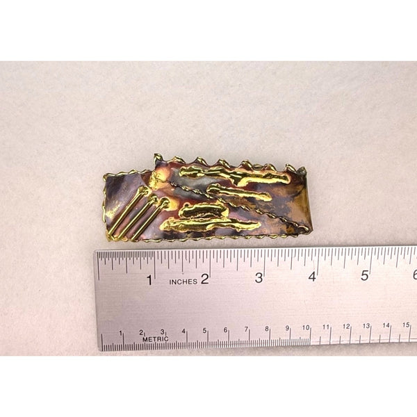 Vintage Large Artisan Mixed Metal Pin Brooch Abstract Brass Copper Handmade Unique