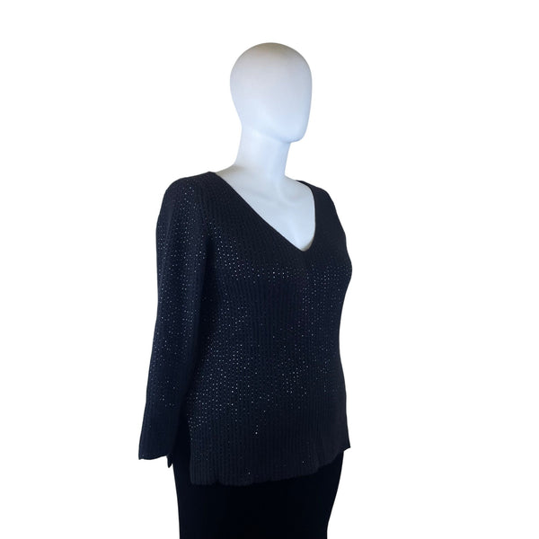 V-Neck Black Metallic Knit Long Sleeve Sweater Womens Pullover