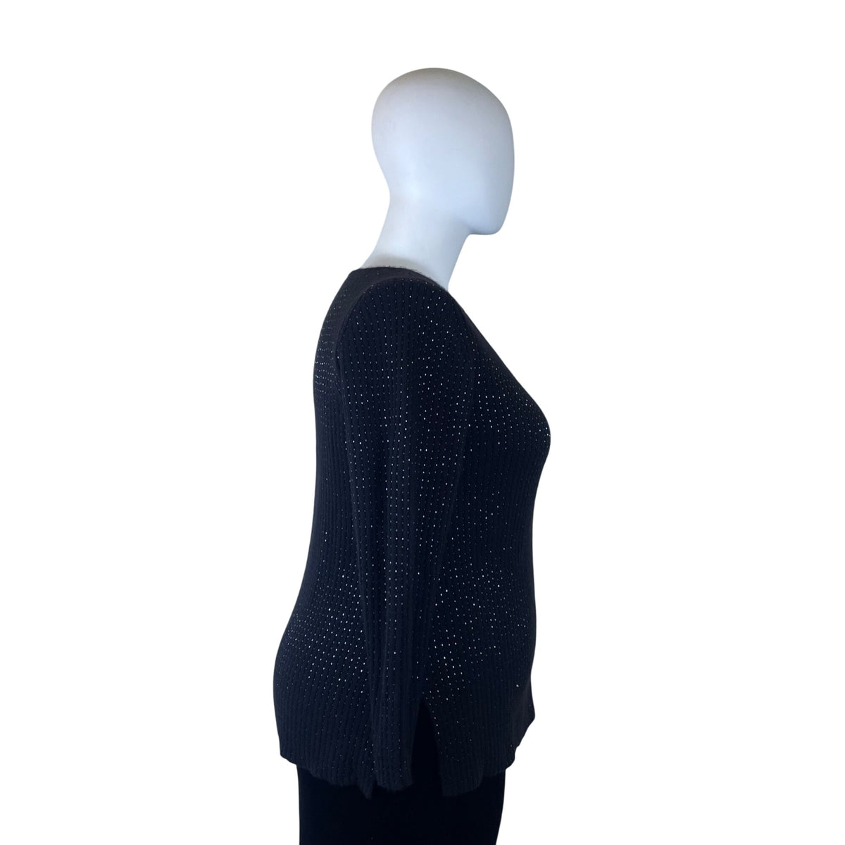 V-Neck Black Metallic Knit Long Sleeve Sweater Womens Pullover