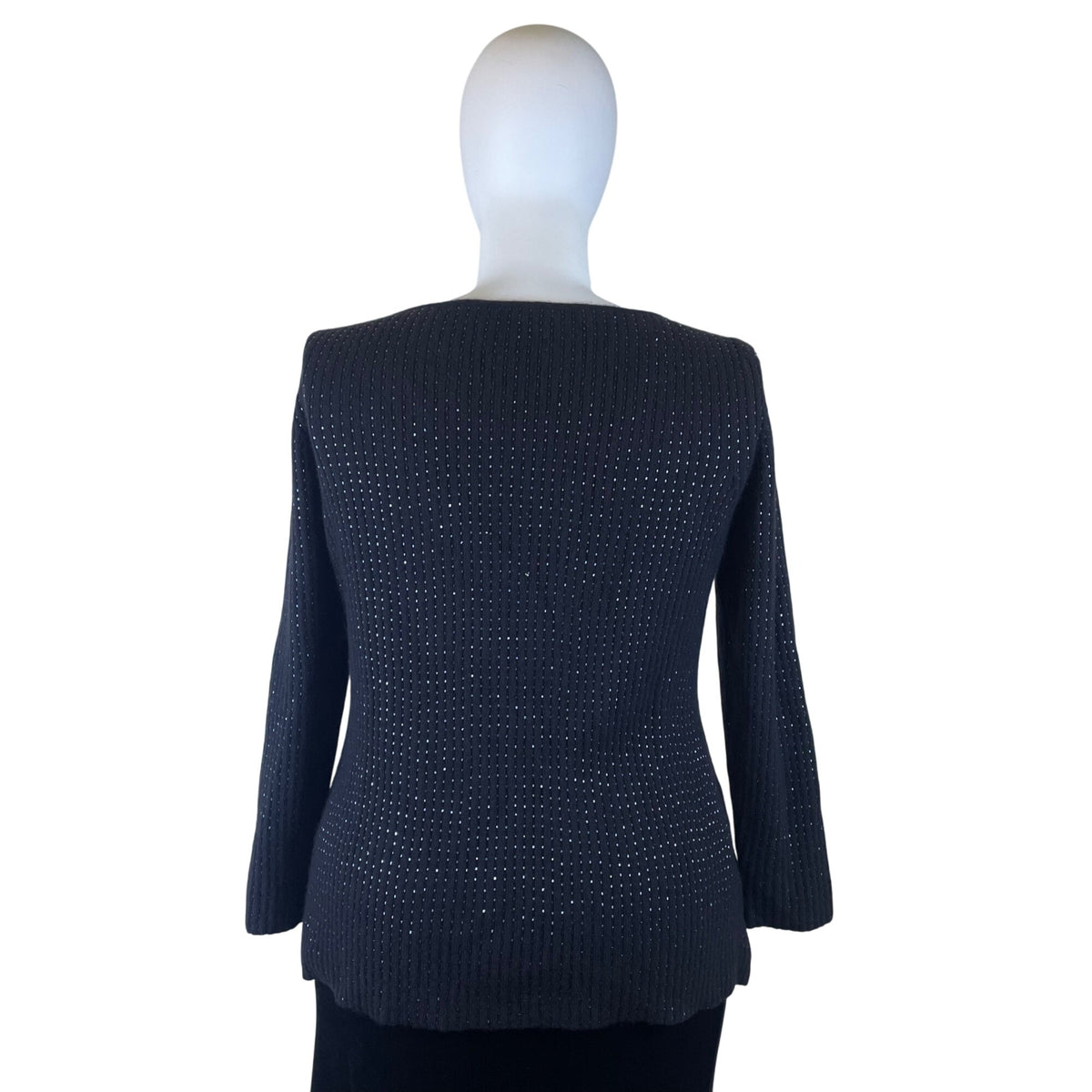 V-Neck Black Metallic Knit Long Sleeve Sweater Womens Pullover