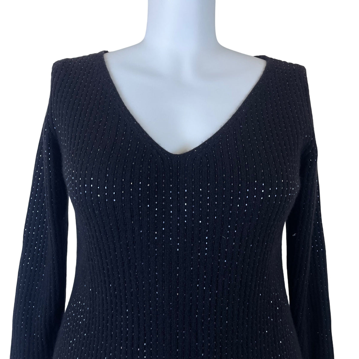 V-Neck Black Metallic Knit Long Sleeve Sweater Womens Pullover