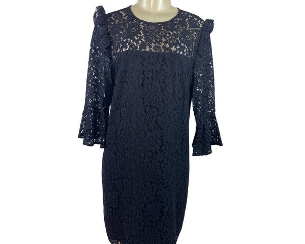 Ann Taylor Women's Black Lace Shift Dress With Ruffle Shoulders Sz 10