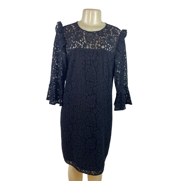 Ann Taylor Women's Black Lace Shift Dress With Ruffle Shoulders Sz 10