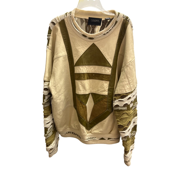 Saxony Collection Mens Cream & Olive Leather Knit Crewneck Sweater L Textured Details