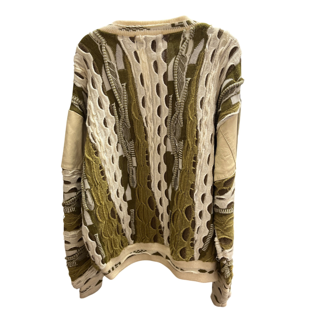 Saxony Collection Mens Cream & Olive Leather Knit Crewneck Sweater L Textured Details