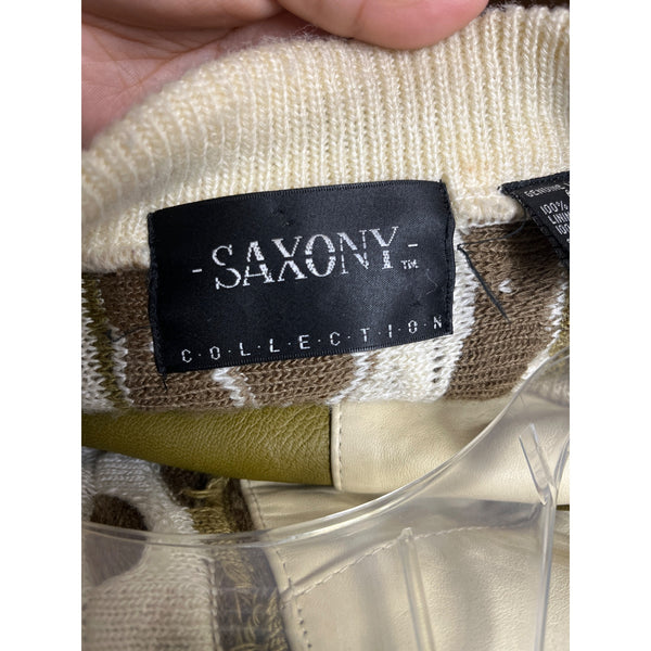 Saxony Collection Mens Cream & Olive Leather Knit Crewneck Sweater L Textured Details