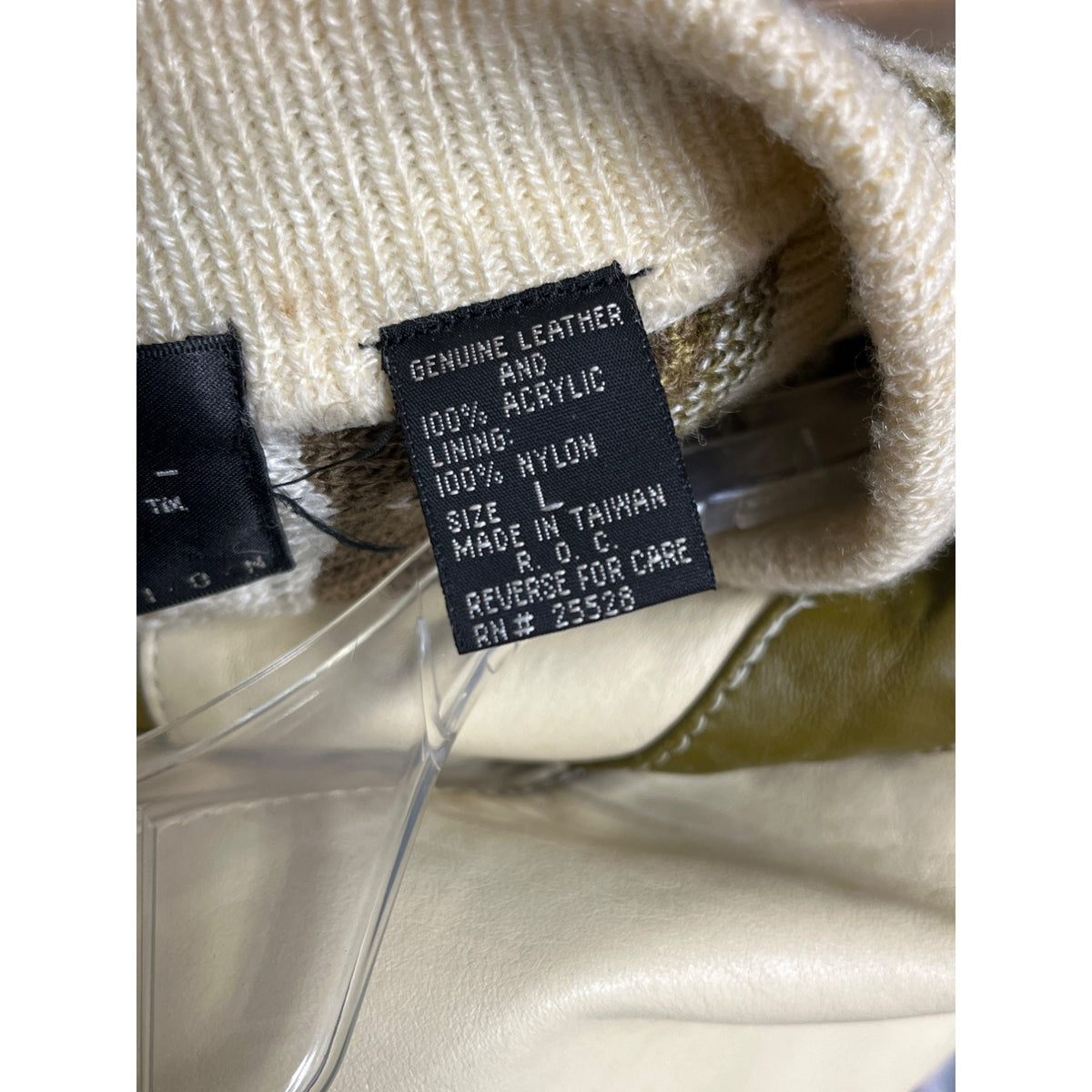 Saxony Collection Mens Cream & Olive Leather Knit Crewneck Sweater L Textured Details